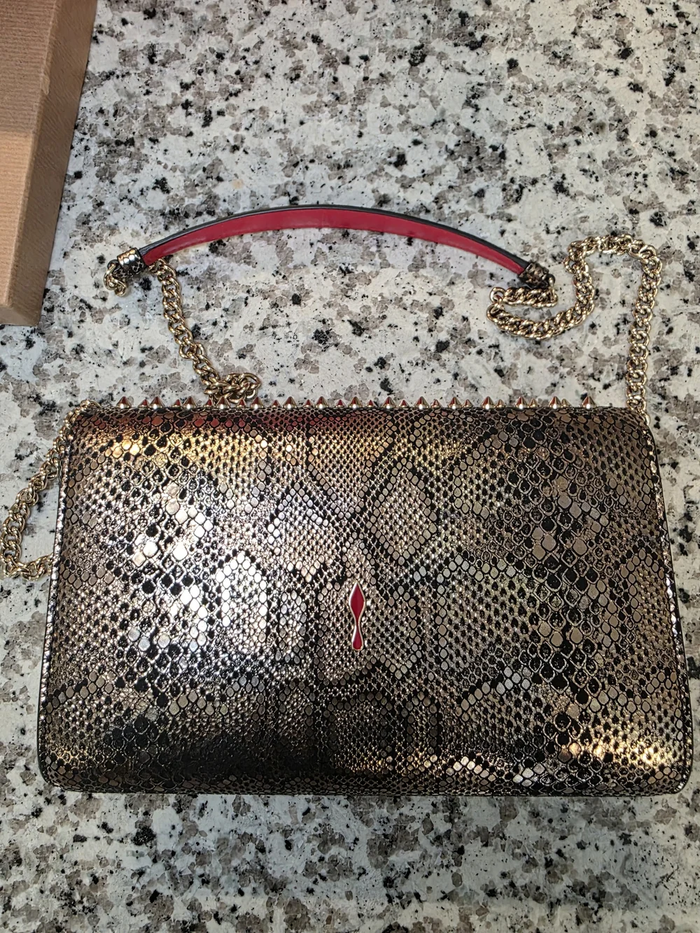 Gold Studded Snake-Texture Clutch with Pink Shoulder Pad